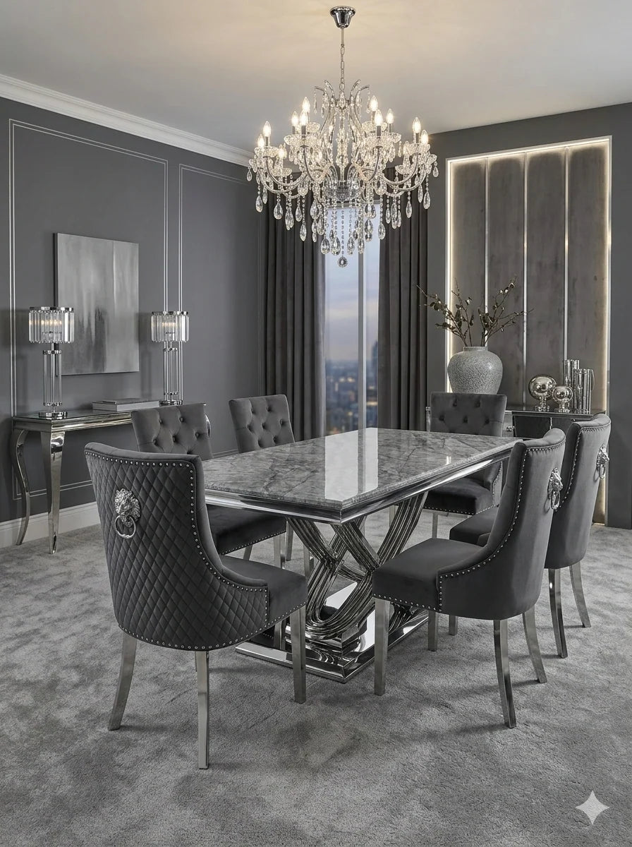 180cm polished grey marble dining table with luxurious velvet chairs for spacious family dining