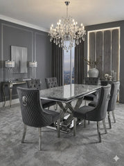 180cm polished grey marble dining table with luxurious velvet chairs for spacious family dining