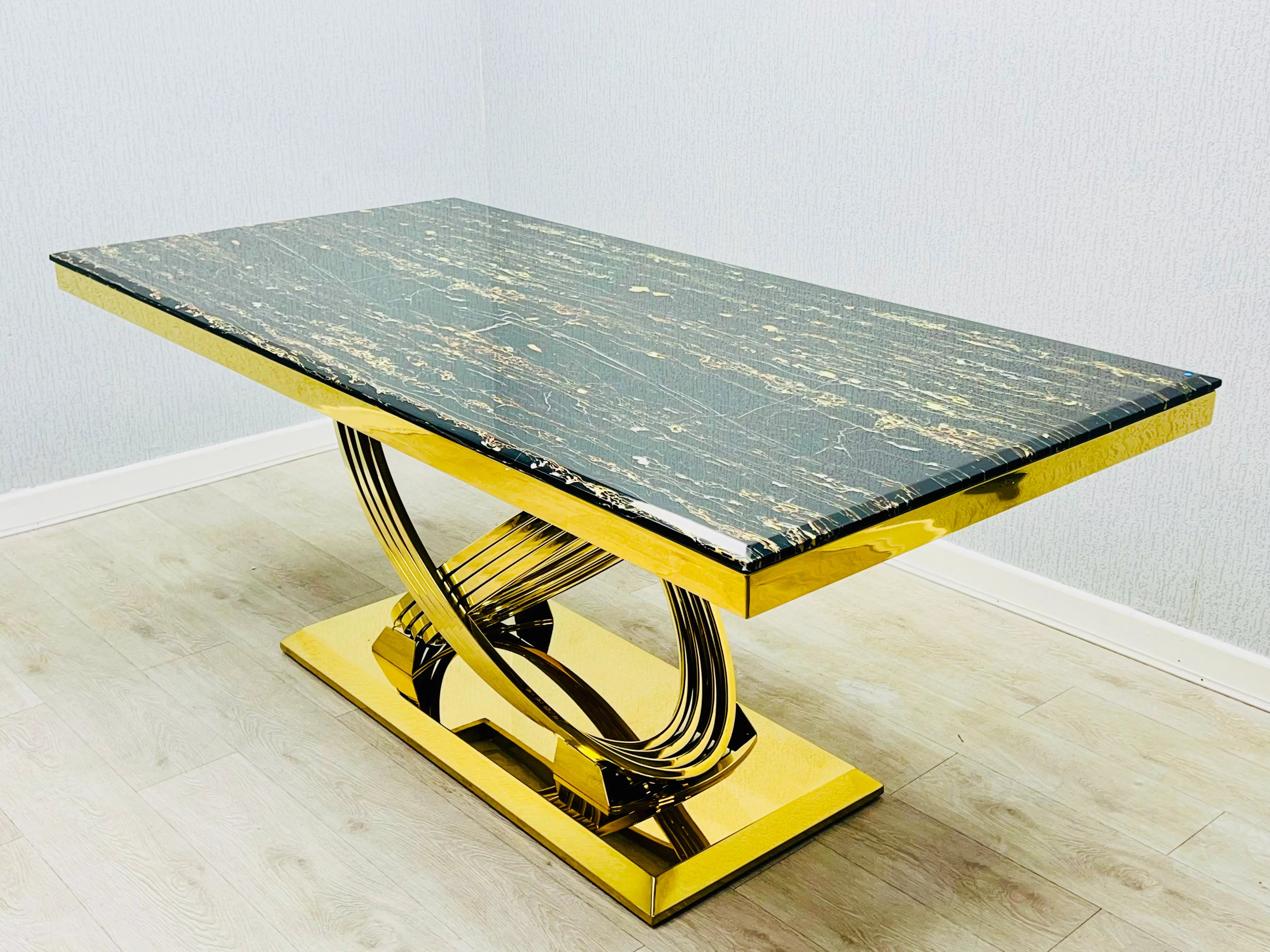 180cm marble dining table with polished gold pedestal base designed to comfortably seat 6-8 adults