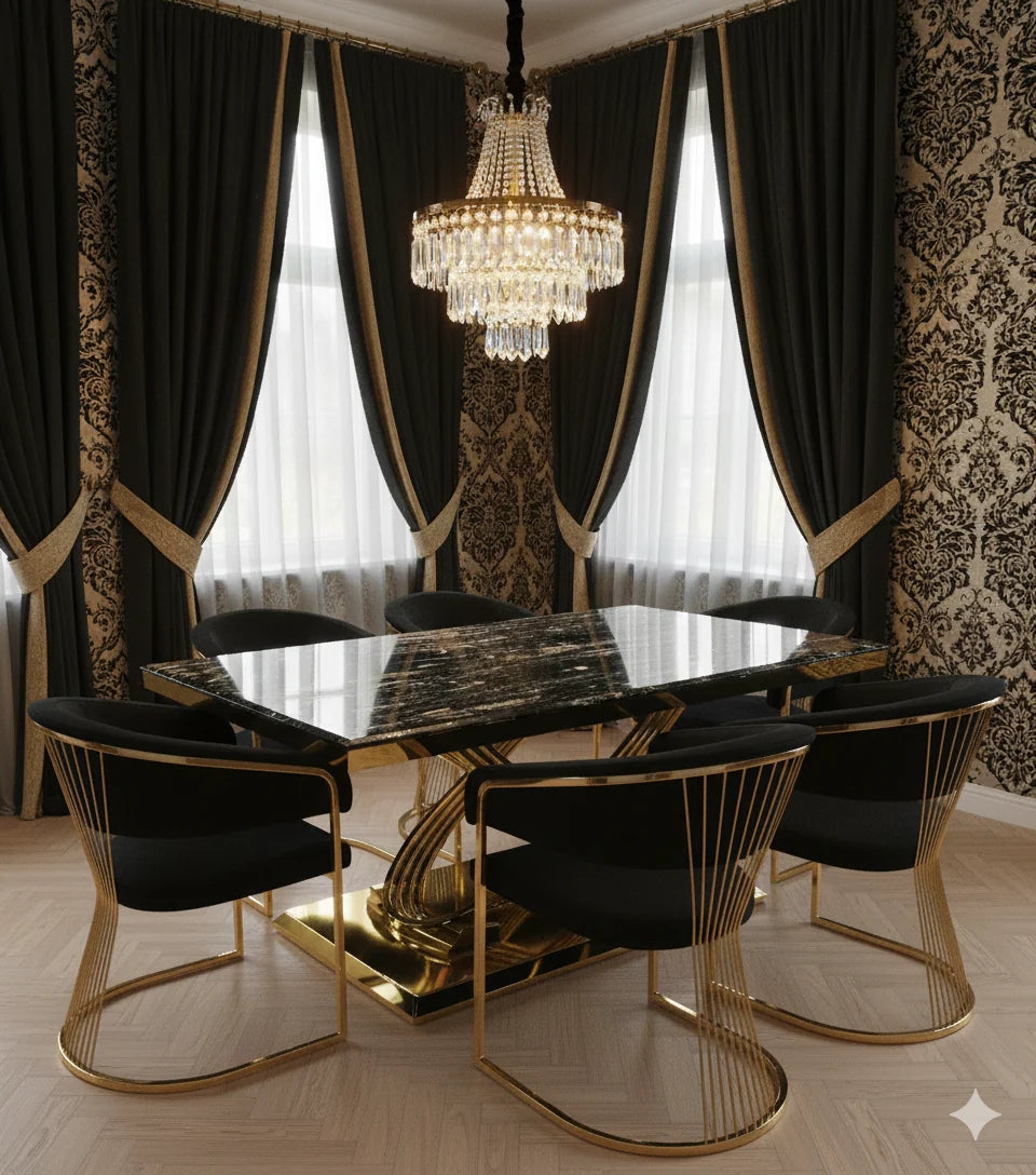 Spacious 180cm marble dining table with Porado chairs, providing stylish seating for 6–8 adults in contemporary family dining rooms.