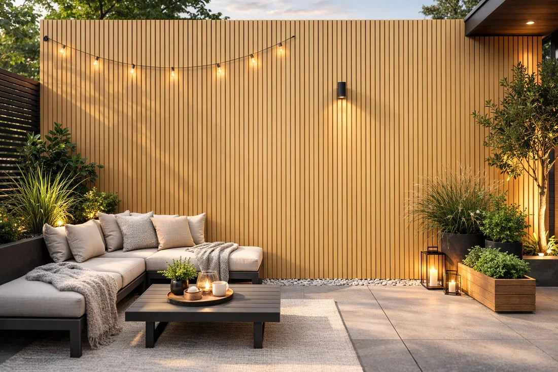 290cm large Oak composite wall cladding installed in a modern outdoor garden setting