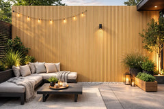 290cm large Oak composite wall cladding installed in a modern outdoor garden setting