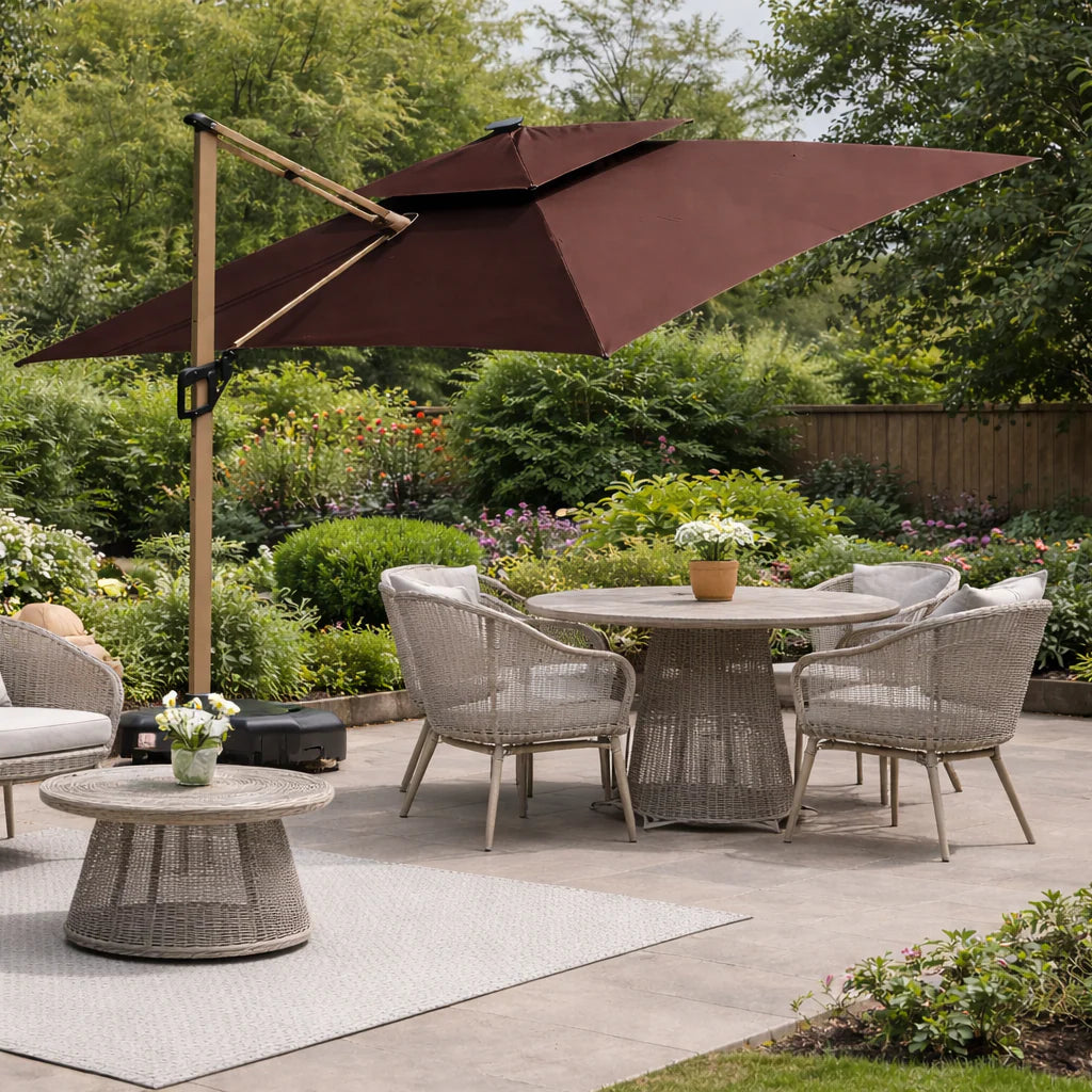 Modern square garden parasol with integrated solar LED lighting, adjustable tilt and 360 degree rotation