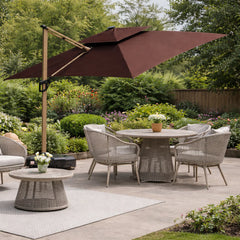 Modern square garden parasol with integrated solar LED lighting, adjustable tilt and 360 degree rotation