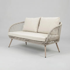 Modern outdoor sofa set with two armchairs, two-seater sofa and wood-effect coffee table