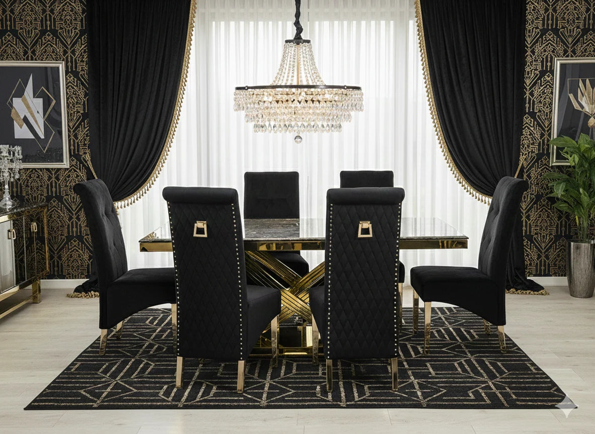 6-8 seater cream and gold marble dining set with polished gold geometric table base and elegant Sofia chairs