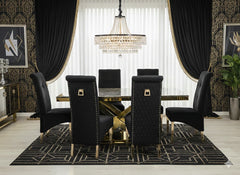 6-8 seater cream and gold marble dining set with polished gold geometric table base and elegant Sofia chairs