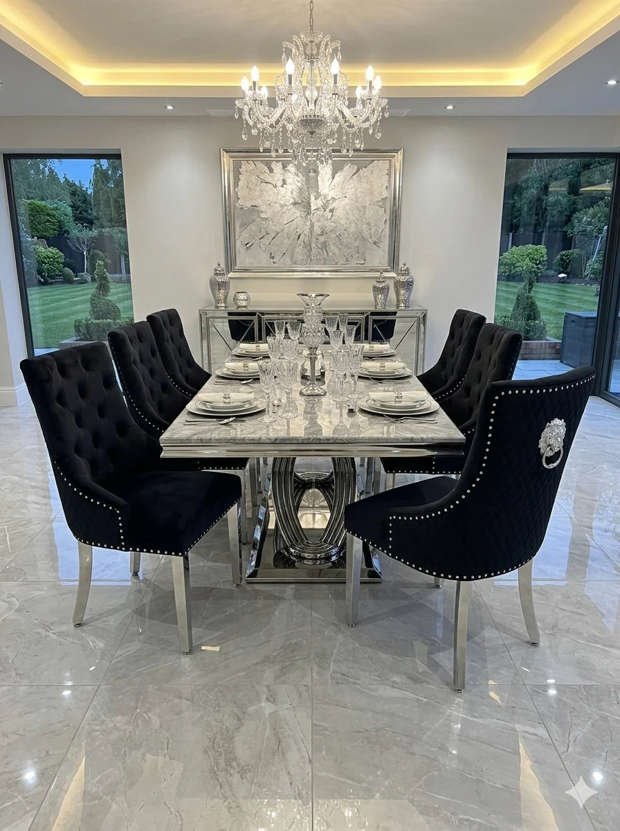 6 or 8 seater marble dining table with plush Lion Knocker chairs offering generous space for dinner parties