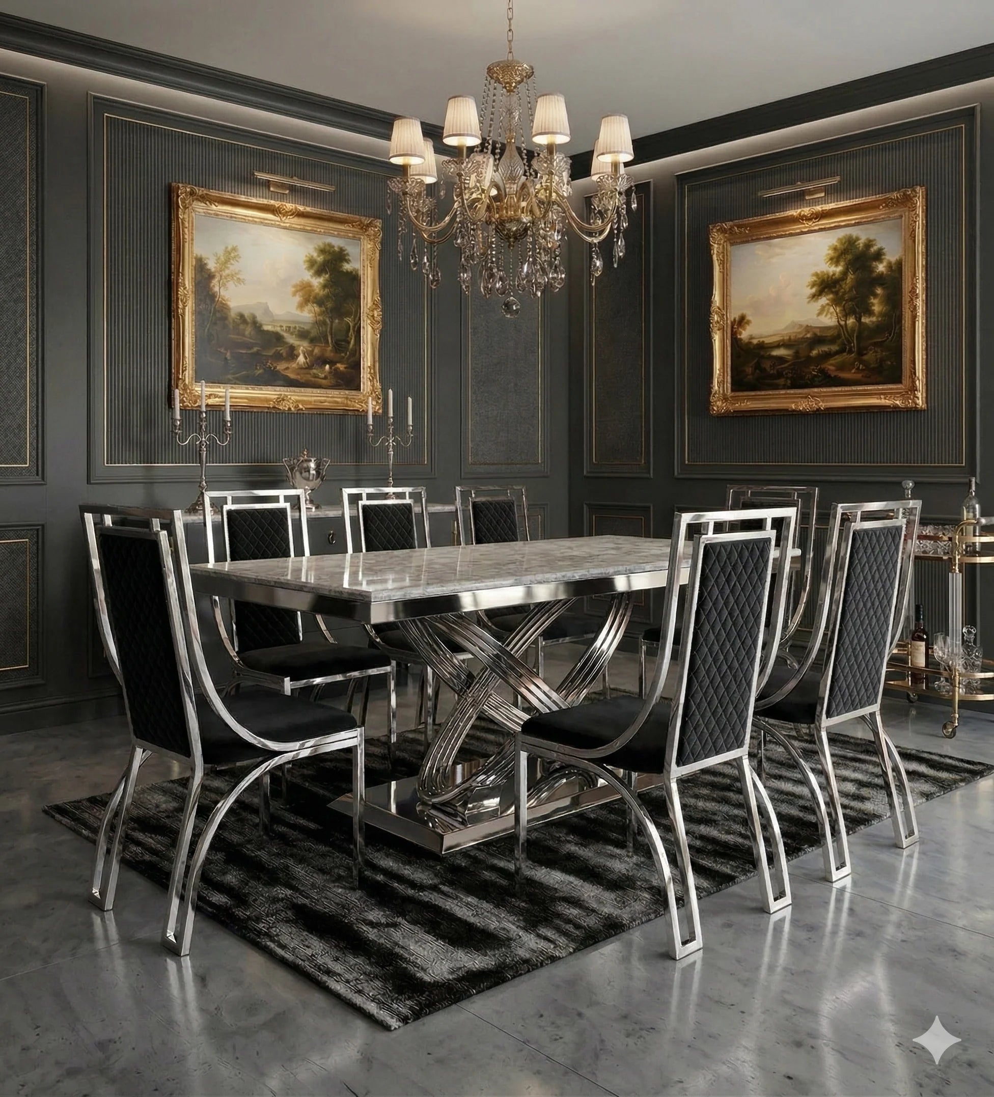 Spacious 8 seater grey marble dining table with Windsor chairs for large family meals and dinner gatherings