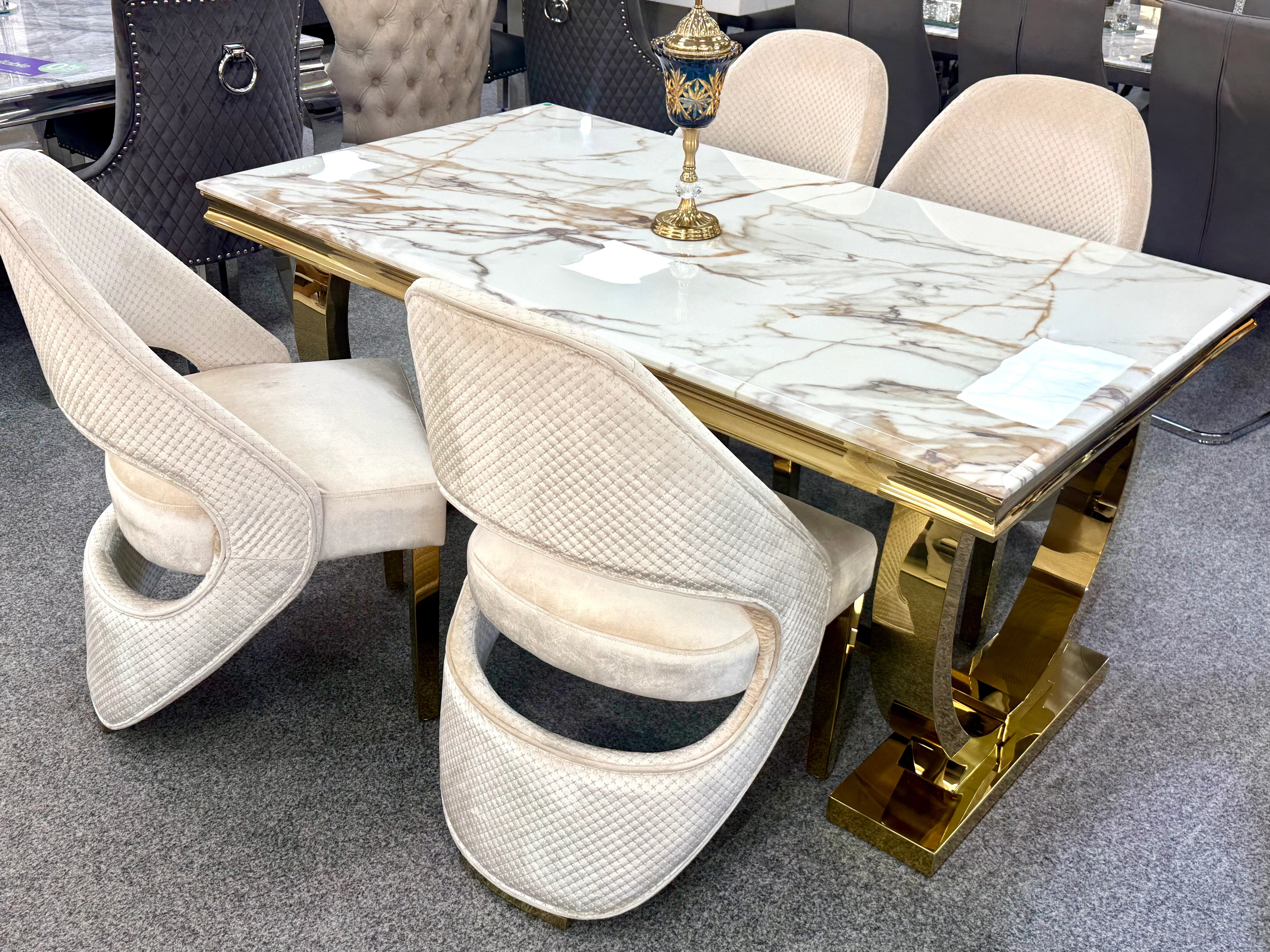 Premium Ariana marble dining set with Santo chairs for contemporary Manchester homes, offering elegant designer styling and excellent value for a luxury UK dining interior.