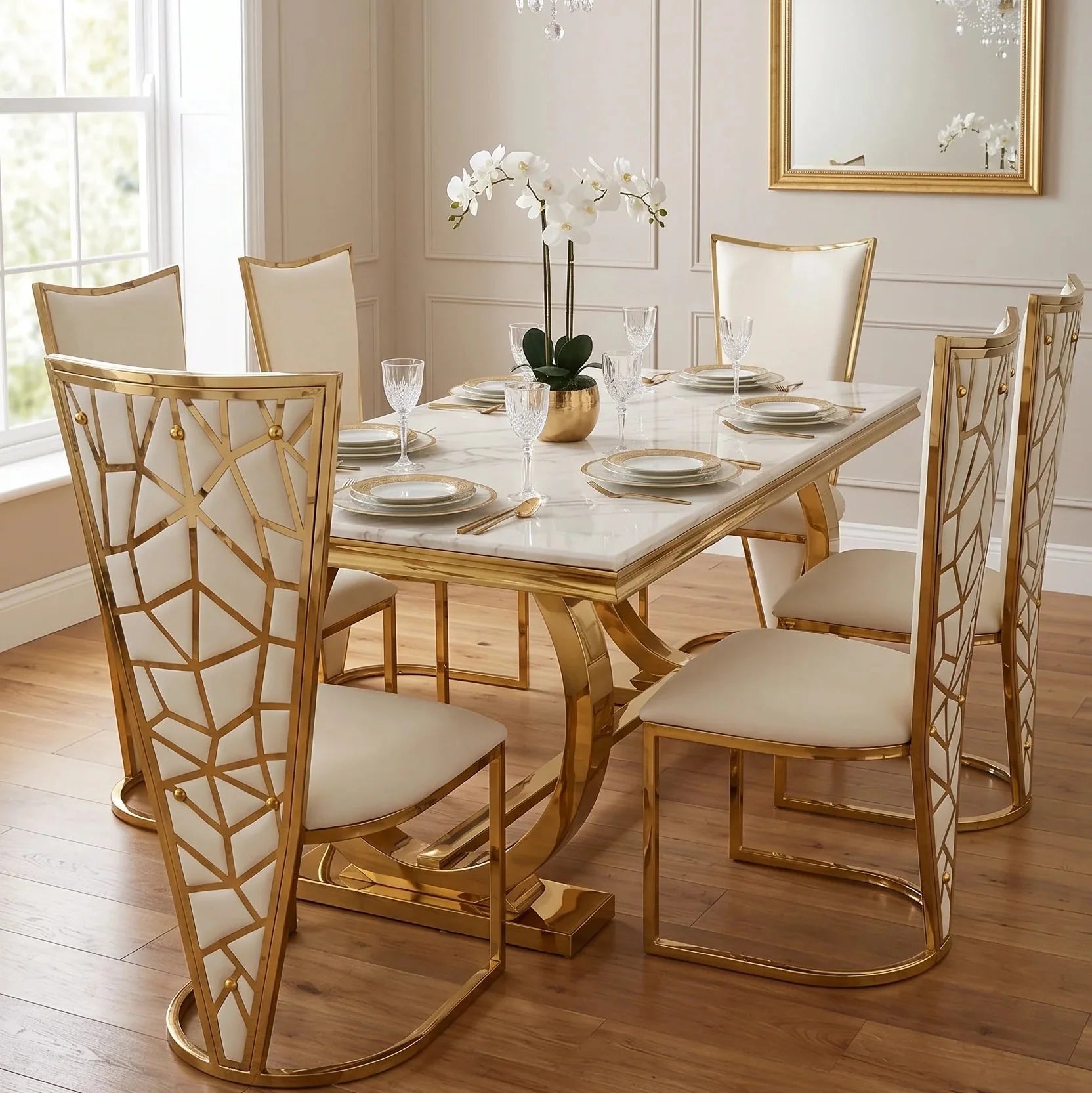Ariana 180cm cream and gold marble dining table with Vienna chairs, creating a luxurious centrepiece for sophisticated London dining rooms and entertaining spaces.