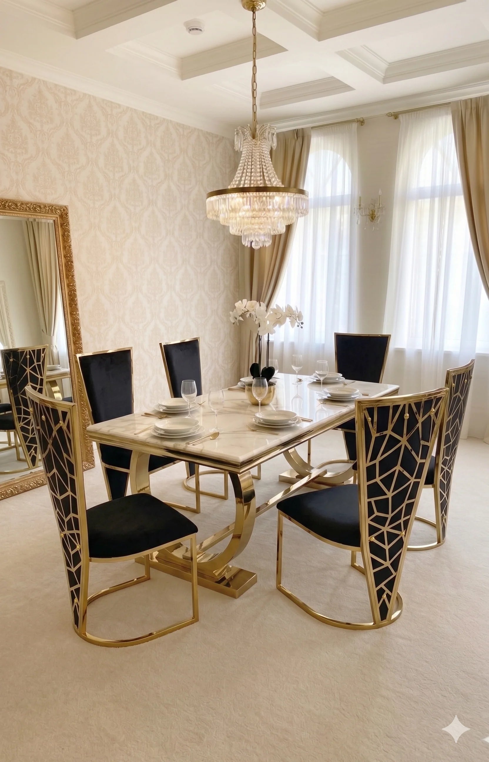 Ariana gold marble dining table set for Glasgow interiors, combining premium materials, sophisticated detailing and generous 6–8 seater capacity for family dining and dinner parties.