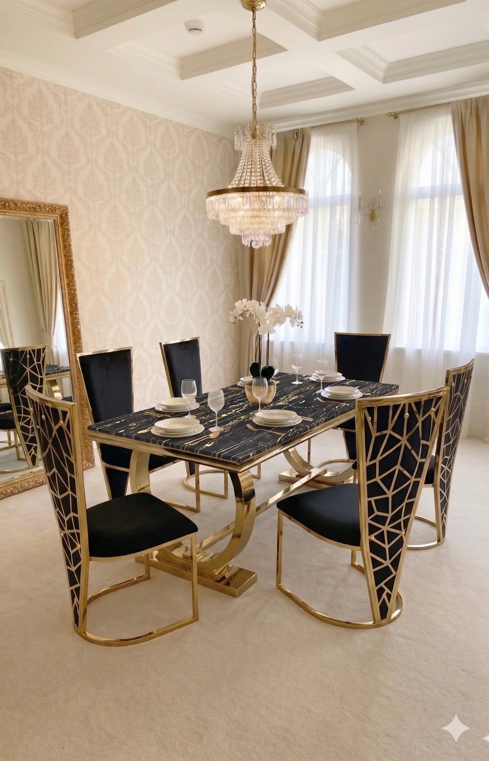 Luxury Ariana 180cm marble dining suite for Leeds renovations, featuring a polished cream tabletop, radiant gold base and distinctive Vienna dining chairs.