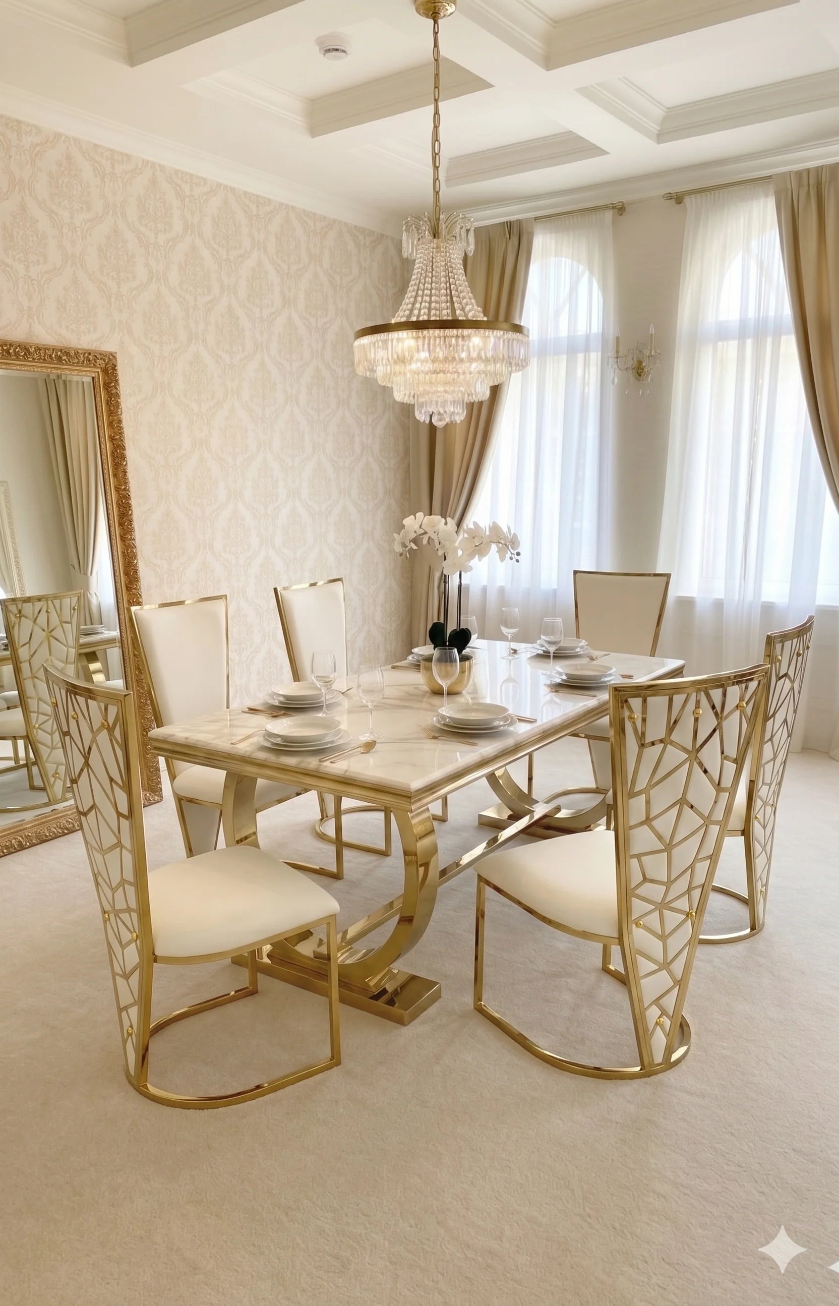 Ariana cream marble dining table with geometric gold pedestal and Vienna chairs for Birmingham dining rooms, offering refined designer styling and comfortable seating for 6–8 adults.