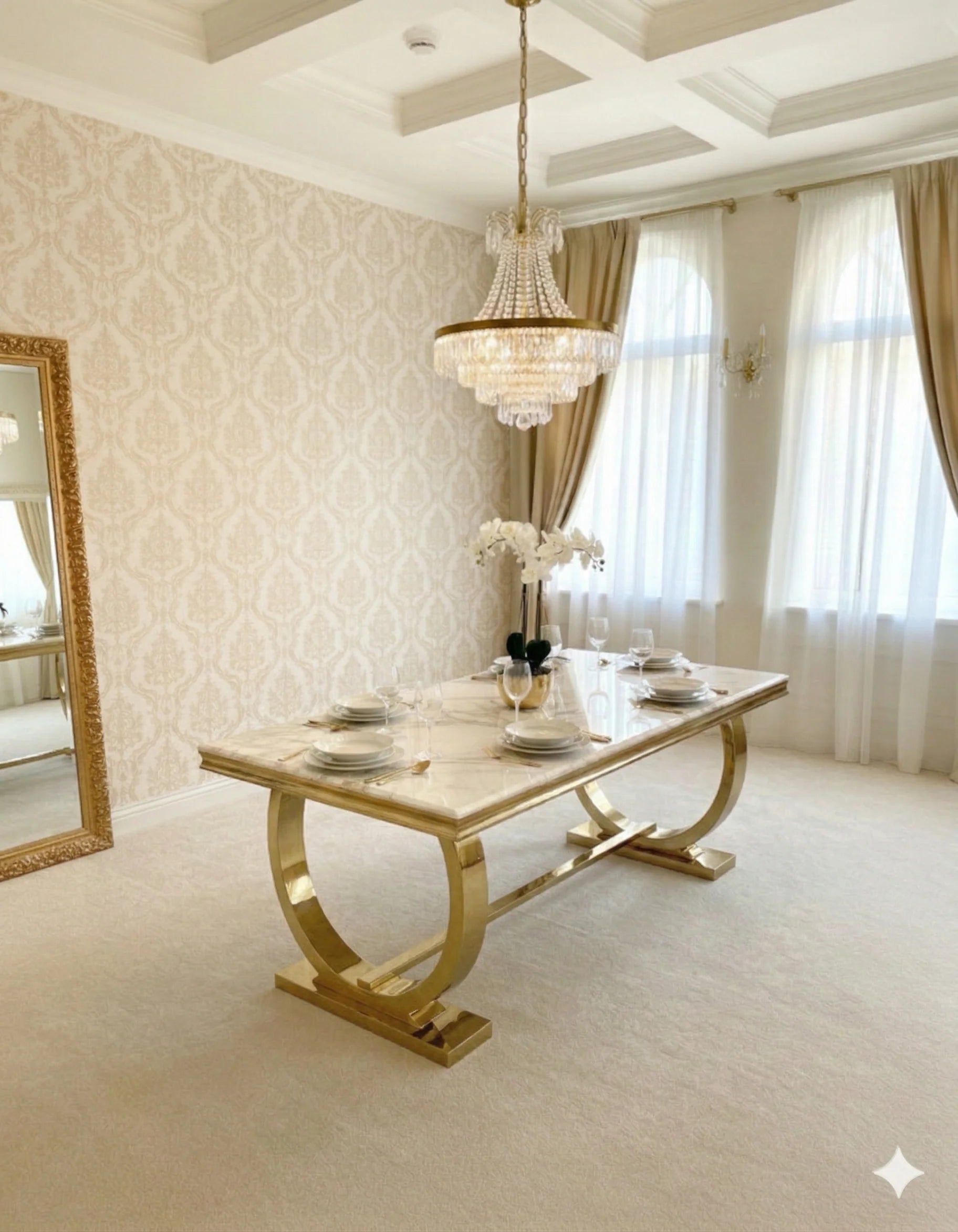 Refined Ariana 160cm and 180cm marble dining table set for Leeds interiors, featuring a glossy white tabletop, sculptural gold base and sophisticated contemporary seating.