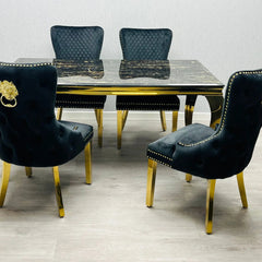 Sofia 180cm Black & Gold Marble Dining Table & 6 Victoria Black Lion Knocker Chairs