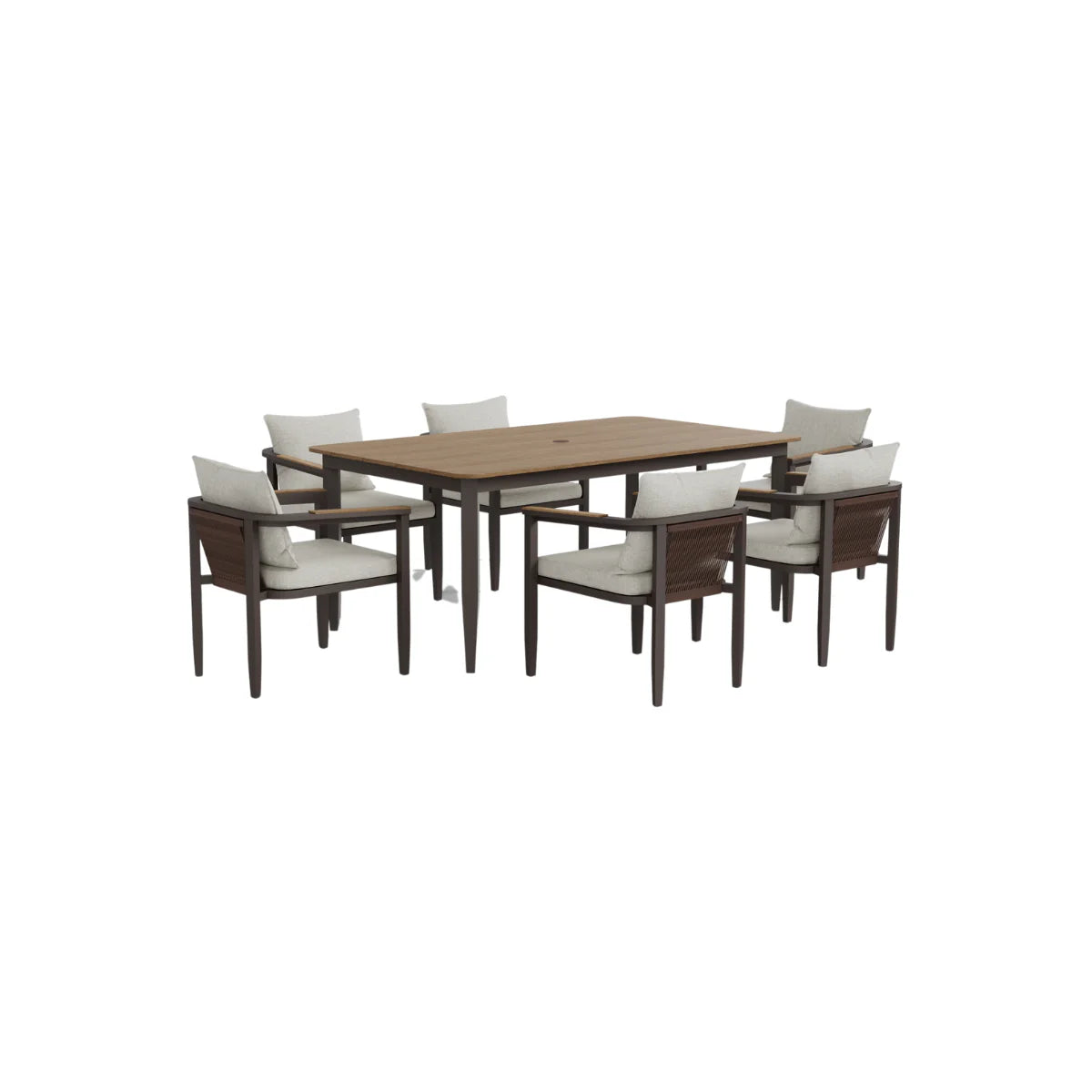 Outdoor furniture set with a wooden table and six chairs on a white background