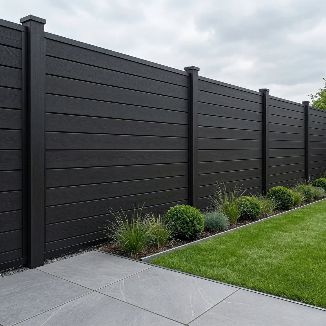 Black composite fence panels installed as a garden boundary