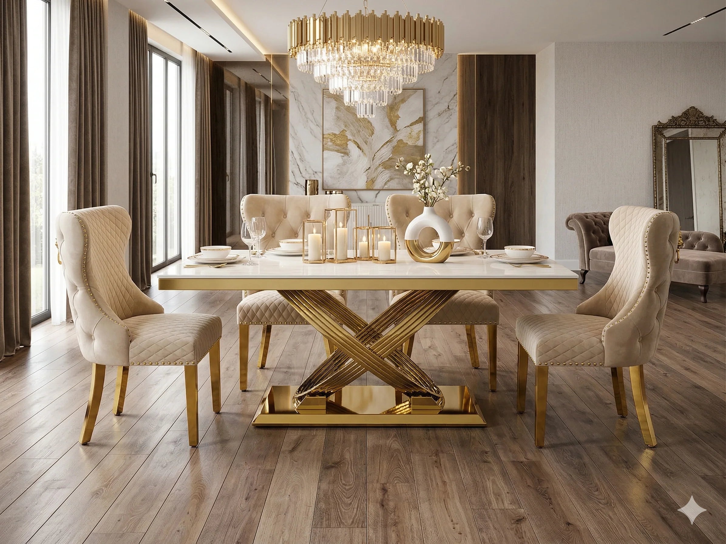 Premium gold and marble dining suite featuring refined Valentino chairs, ideal for Liverpool homeowners seeking sophisticated furniture with designer appeal and lasting quality.