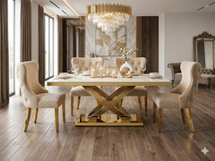 Premium gold and marble dining suite featuring refined Valentino chairs, ideal for Liverpool homeowners seeking sophisticated furniture with designer appeal and lasting quality.