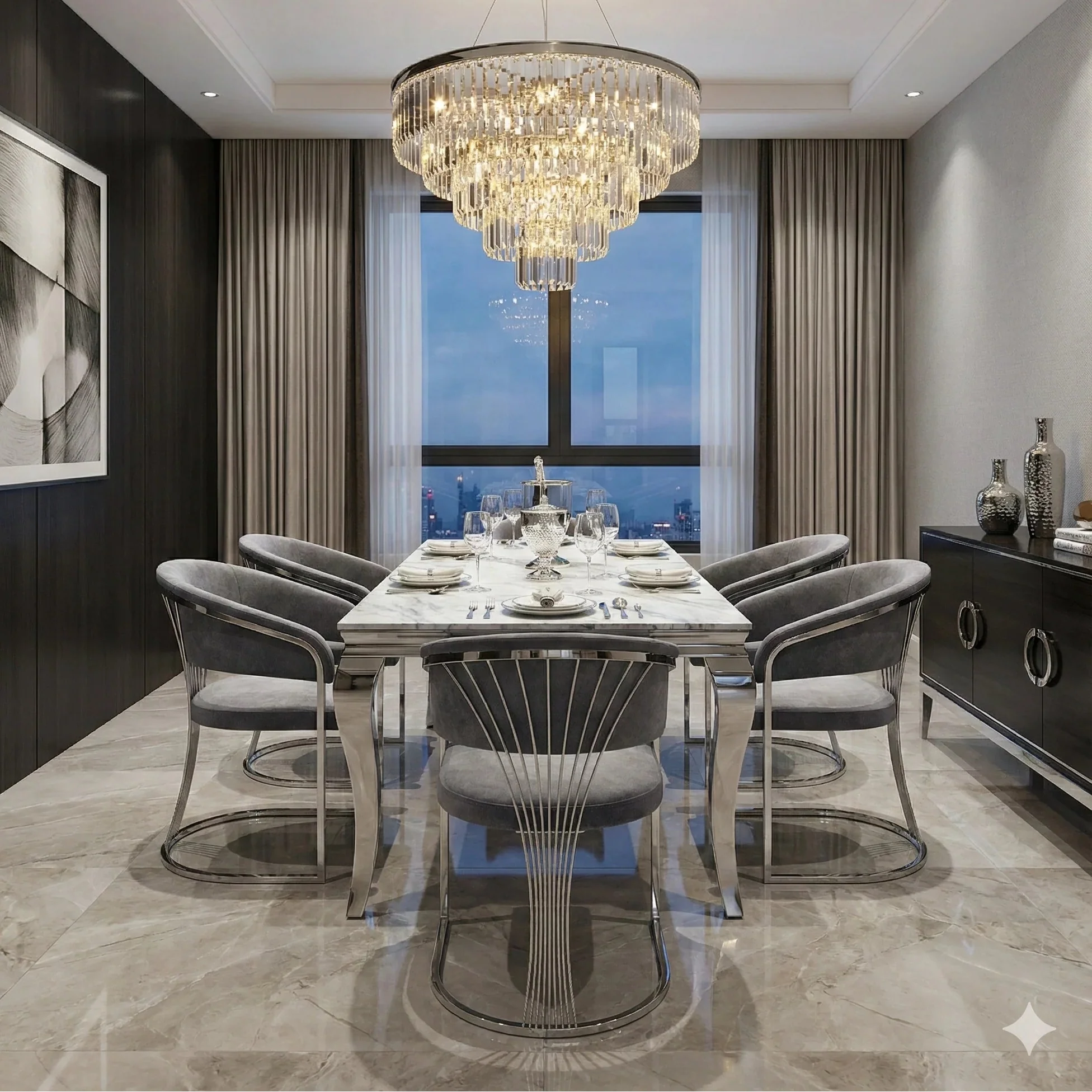 Sofia grey marble dining table with Porado grey dining chairs