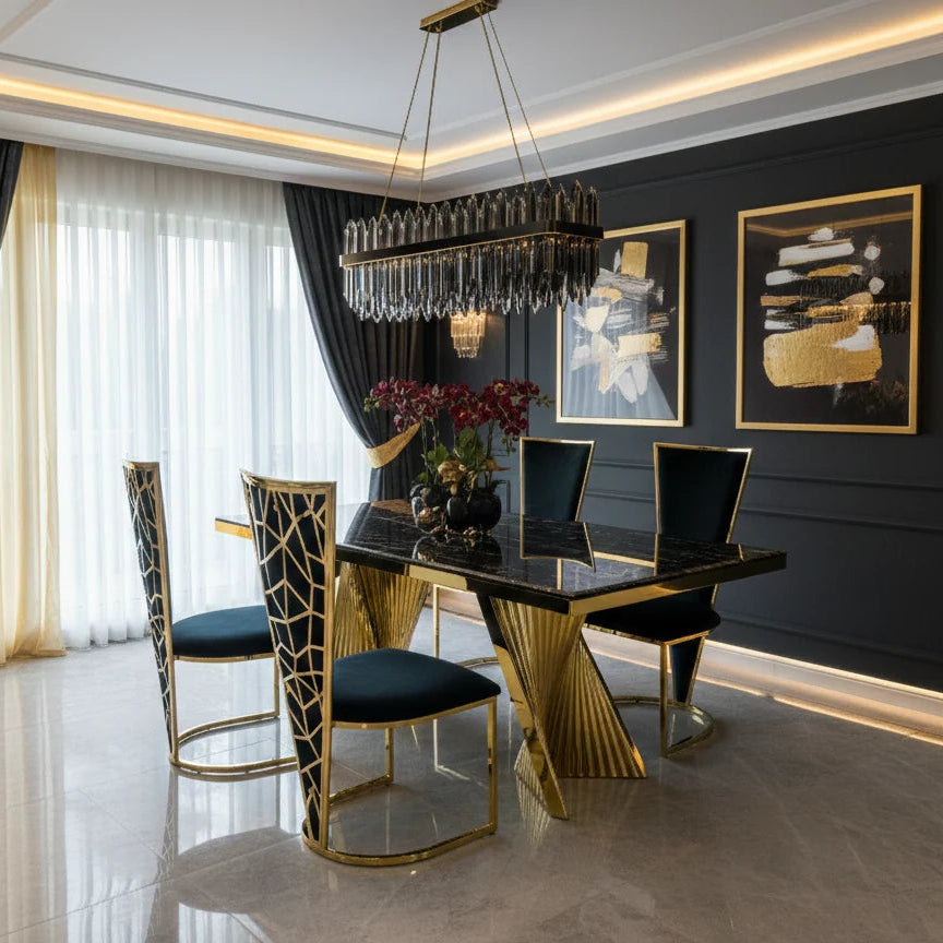 Ravello 160cm black marble dining table set with Vienna chairs, combining high-gloss marble and polished gold detailing for luxury UK dining rooms.