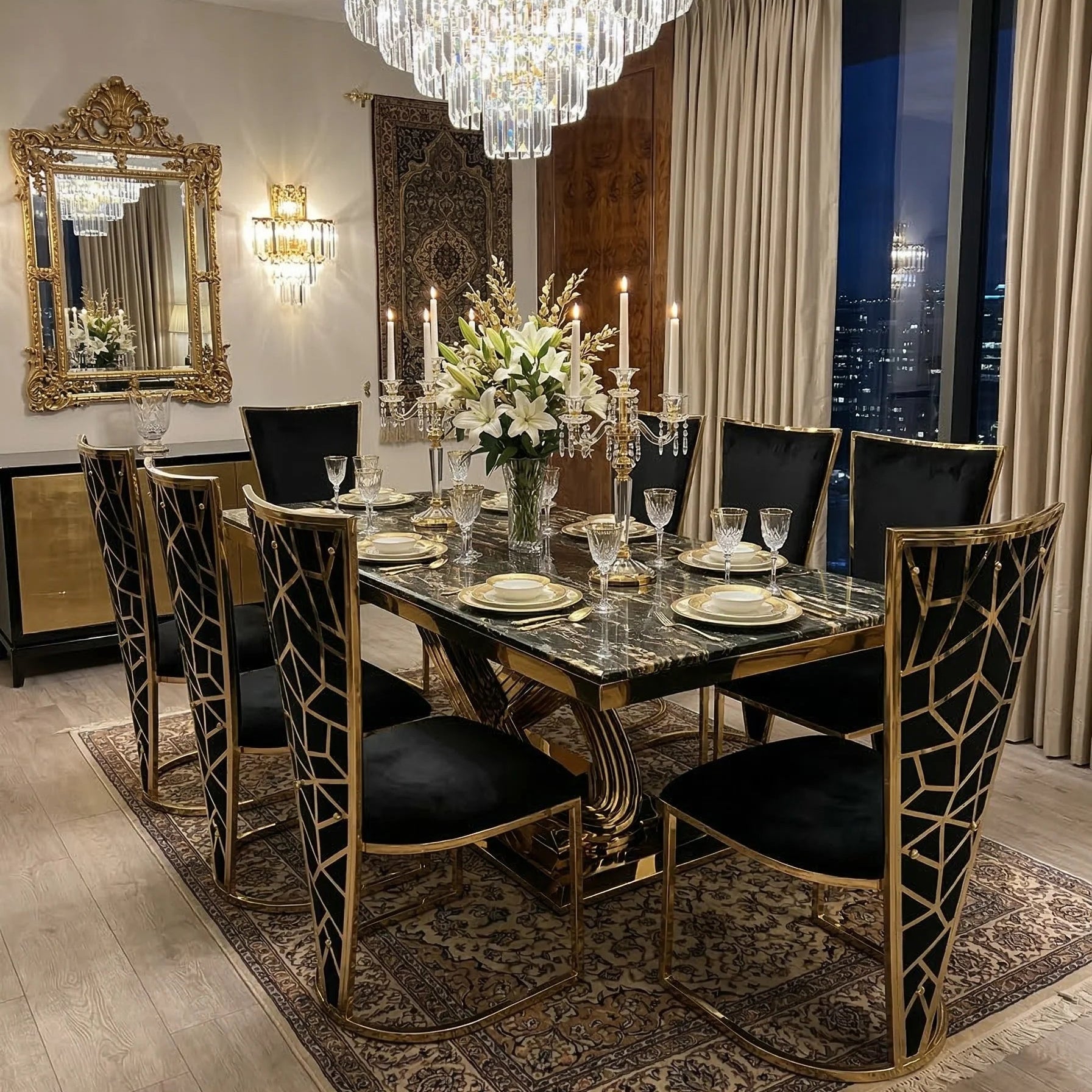 Ravello 180cm Black & Gold Dining Table with Vienna Chairs
