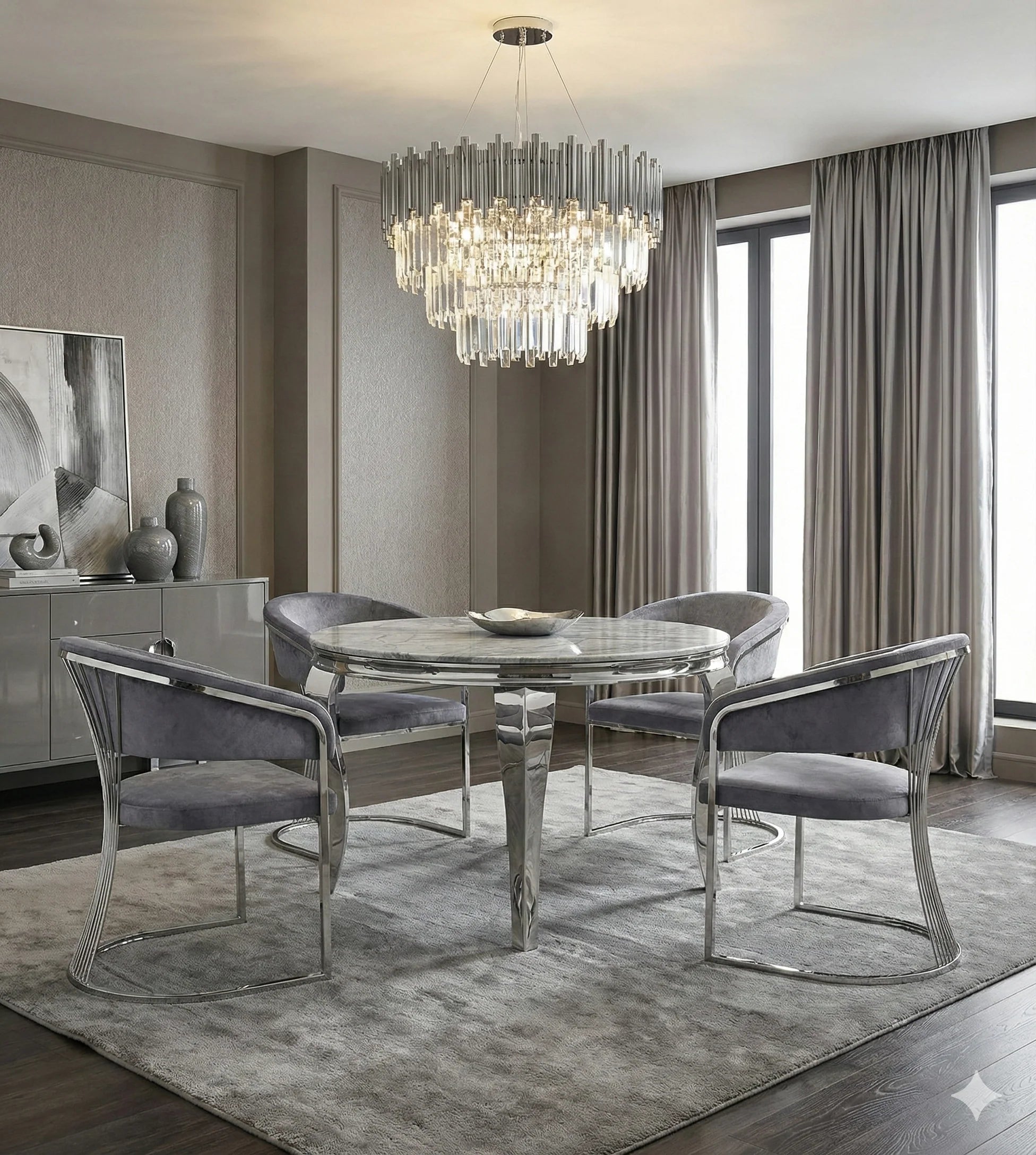 Premium grey marble round dining set with Porado upholstered chairs designed for elegant Manchester interiors and open-plan kitchens.