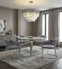 Premium grey marble round dining set with Porado upholstered chairs designed for elegant Manchester interiors and open-plan kitchens.