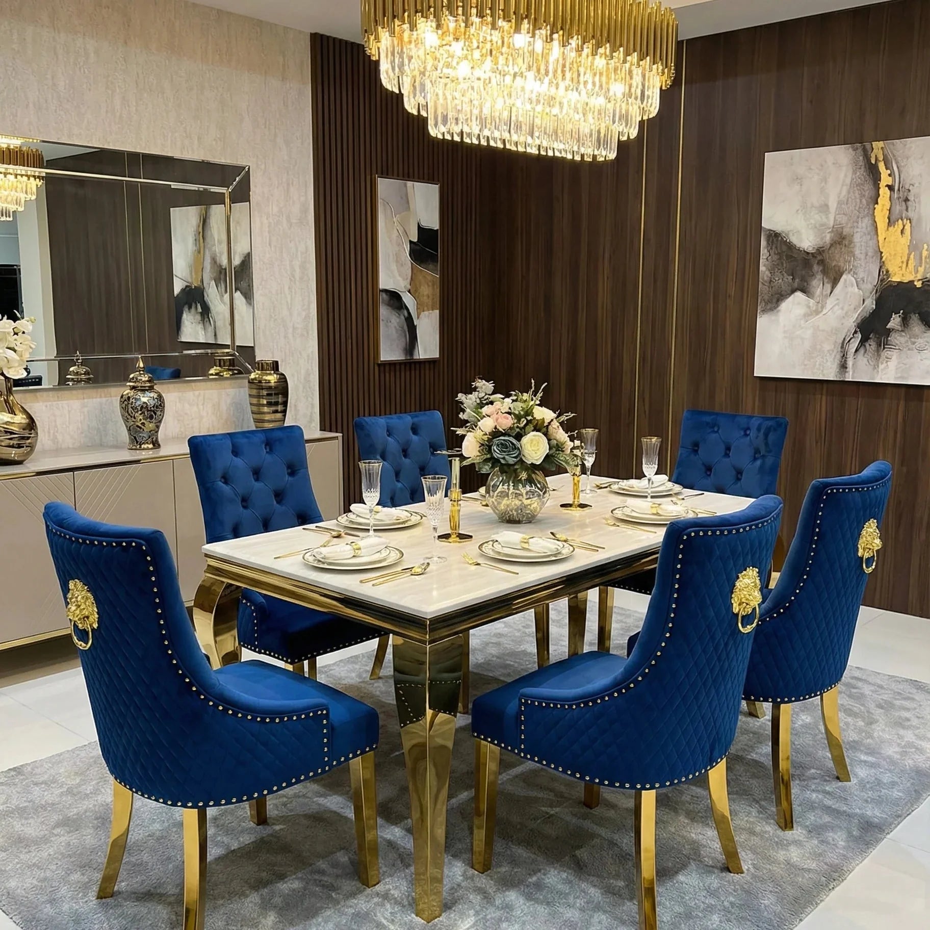Sofia Cream Gold Marble Dining Table with Majestic Gold Lion Knocker Chairs creating a grand luxury dining atmosphere for London luxury apartments and premium homes.