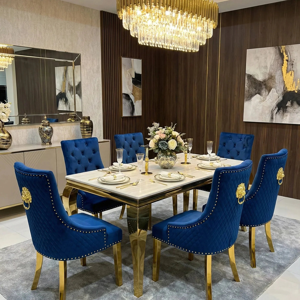 Sofia Cream Gold Marble Dining Table with Majestic Gold Lion Knocker Chairs creating a grand luxury dining atmosphere for London luxury apartments and premium homes.