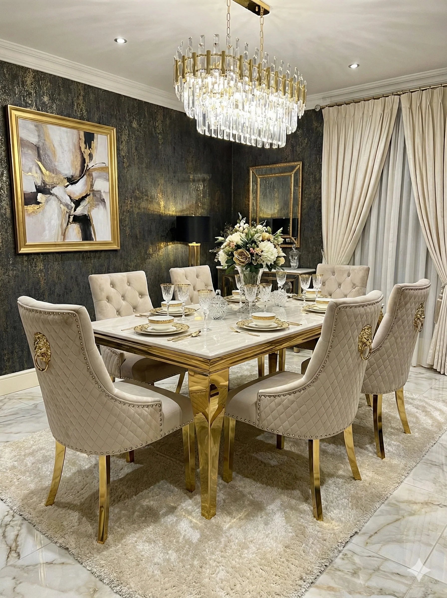 Designed for Edinburgh luxury properties, this cream gold marble dining set brings timeless elegance and sophisticated interior styling.
