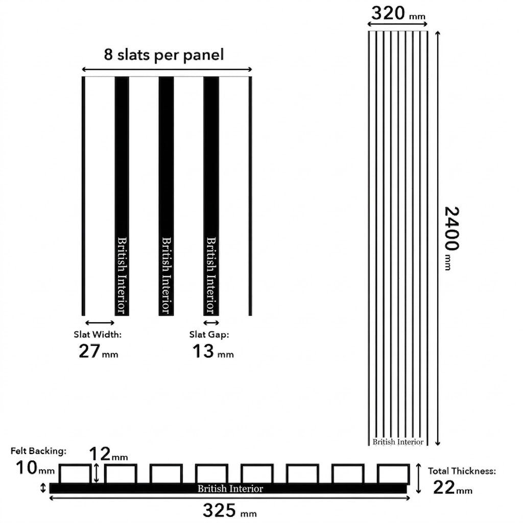acoustic slat wall panel measuring 32cm wide and 240cm high