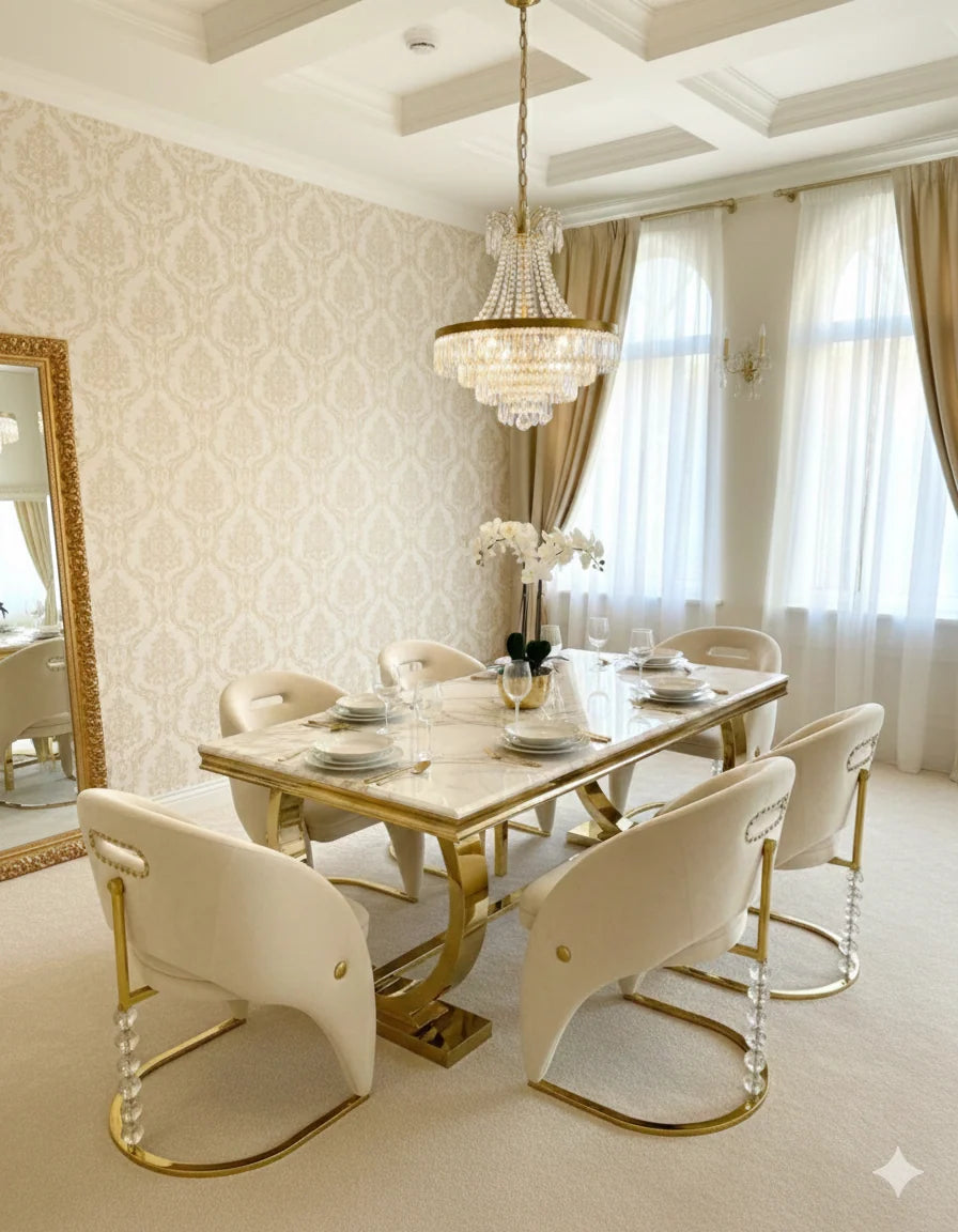 Ariana 160cm gold marble dining table with Vegas chairs, featuring a polished geometric pedestal and high-gloss finish for elegant London dining rooms.
