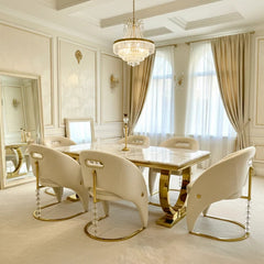 Ariana 180cm marble dining set with contemporary Vegas seating, combining premium materials and sophisticated gold detailing for stylish Manchester homes.