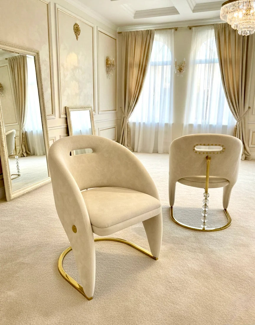 Ariana gold marble dining suite with contemporary Vegas chairs, offering sophisticated detailing and multiple colour combinations for modern Cardiff interiors.
