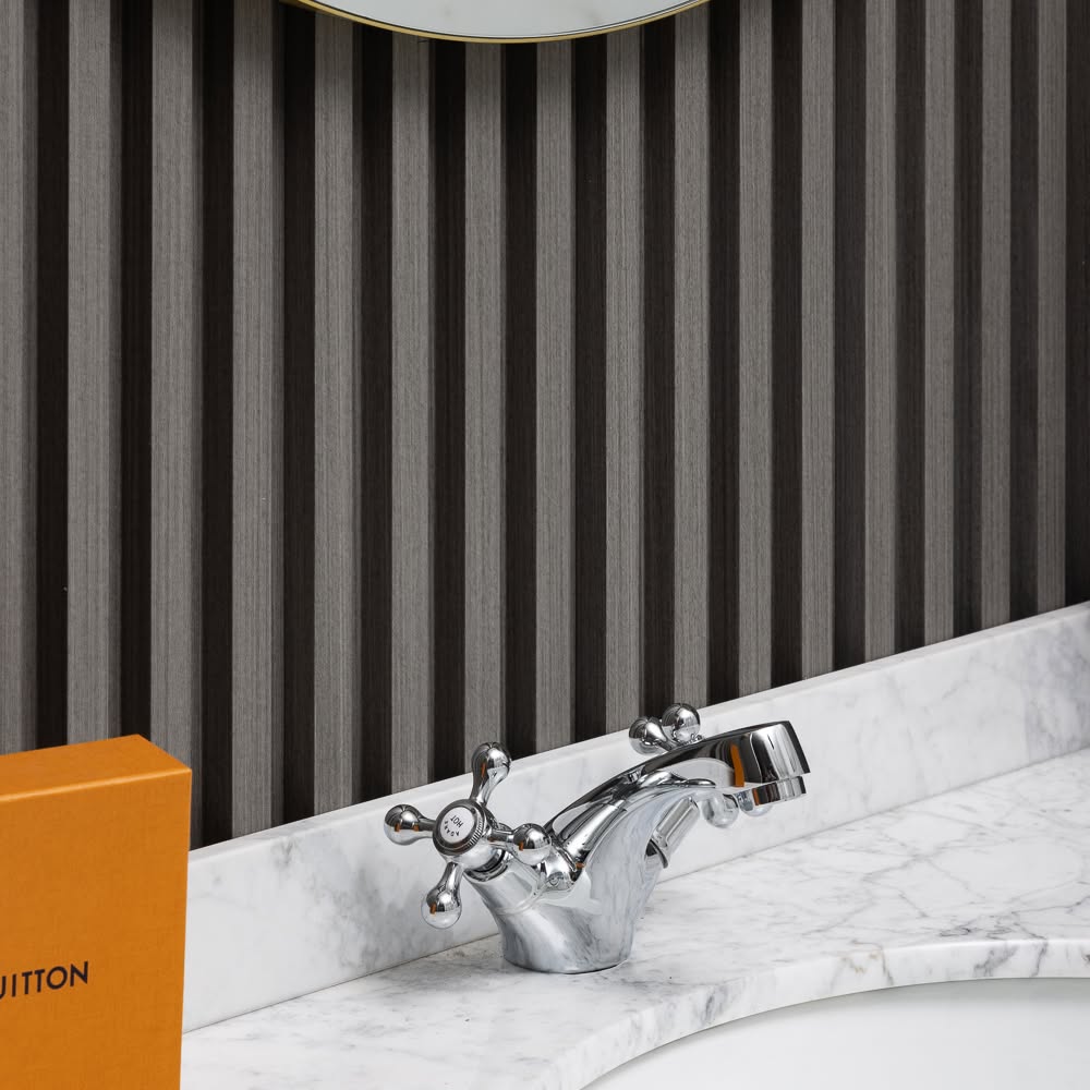 Ash Grey slatted wall panels installed as a feature wall