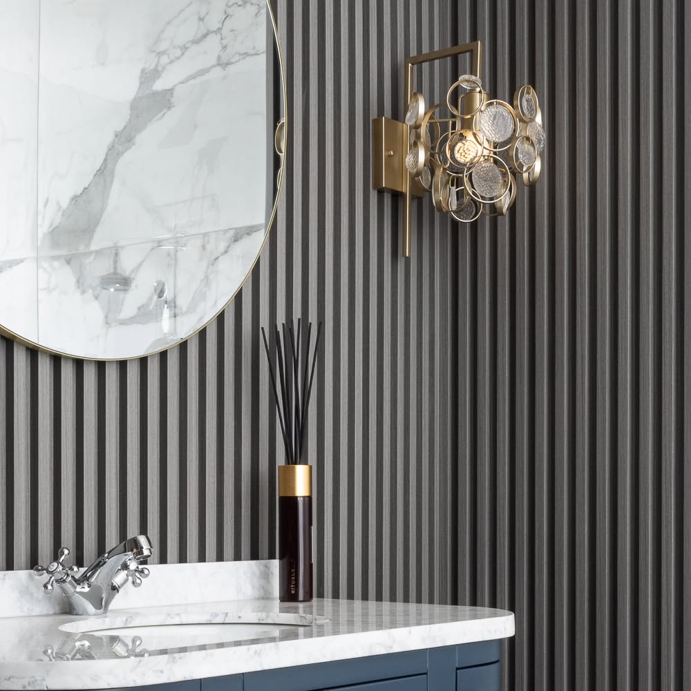 Ash Grey WPC slatted wall panels with wood-effect finish