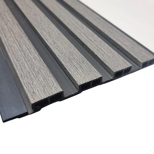 Close-up of Ash Grey WPC slatted wall panel texture