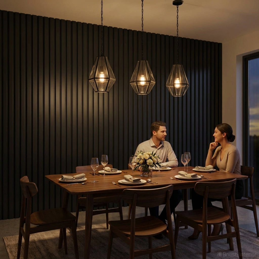 Black acoustic slat panels used on a modern living room feature wall