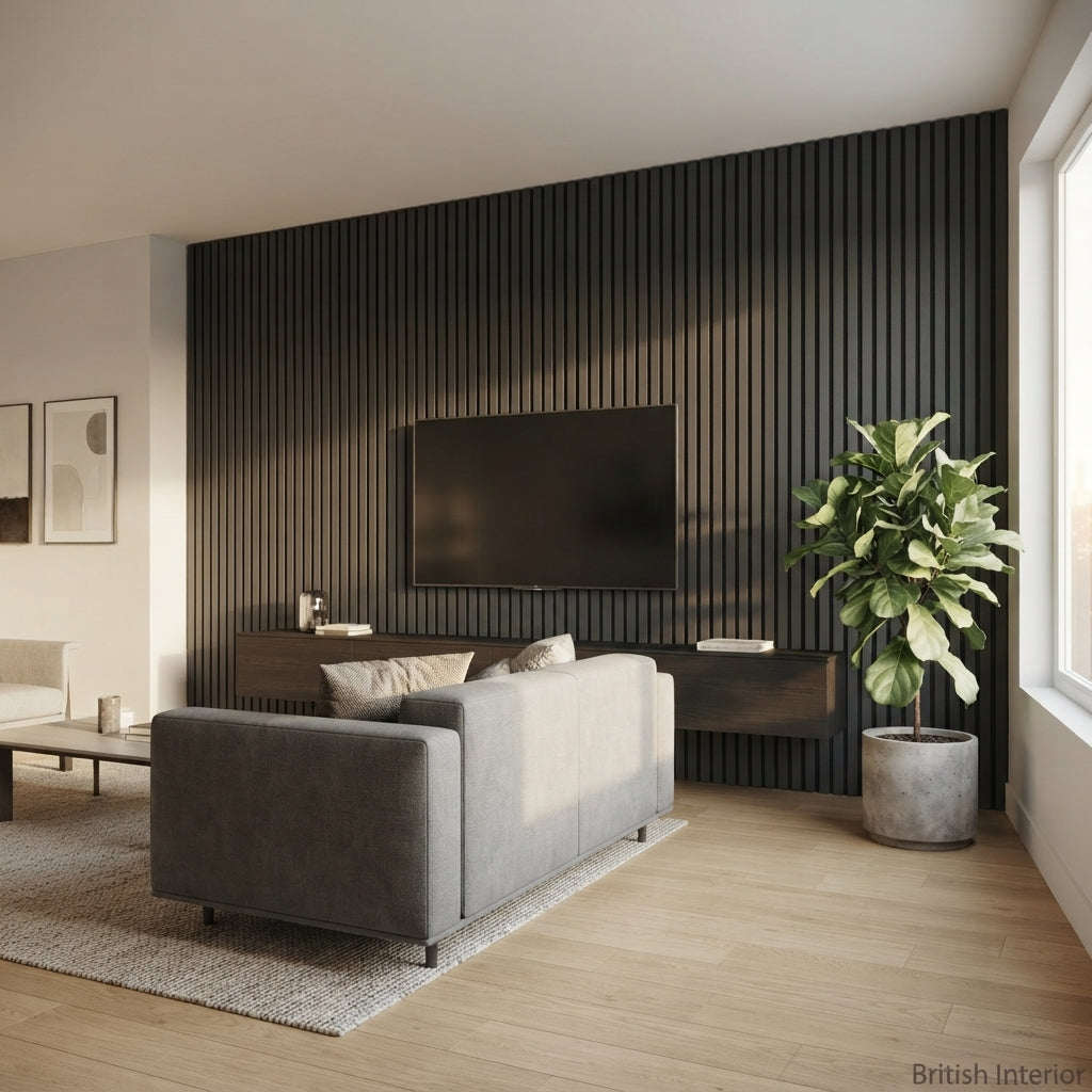 Black wide slat acoustic wall panels installed on feature wall