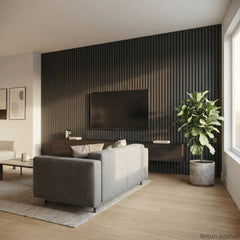 Black wide slat acoustic wall panels installed on feature wall