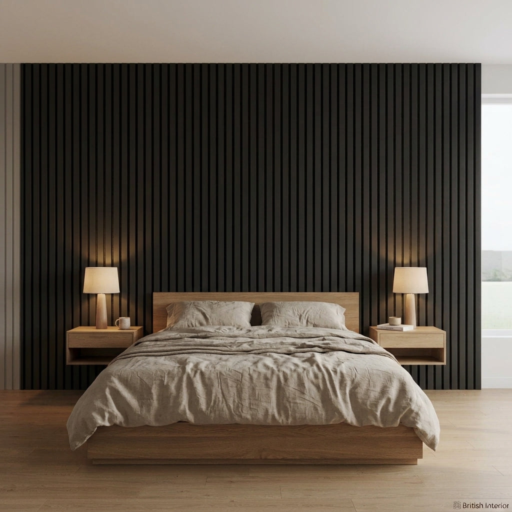 Black vertical acoustic slat panels used as a bedroom feature wall