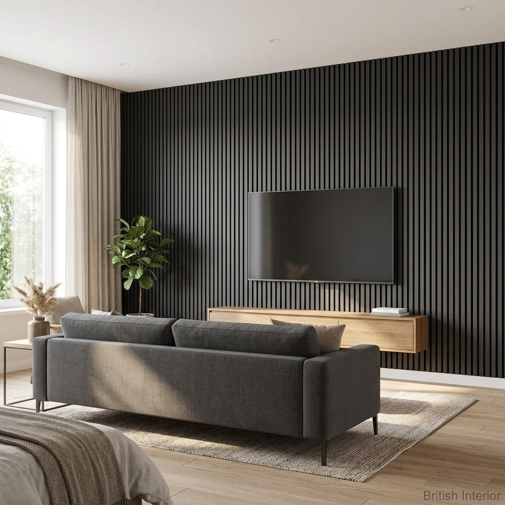 Black acoustic slat wall panels creating a feature wall in a media room