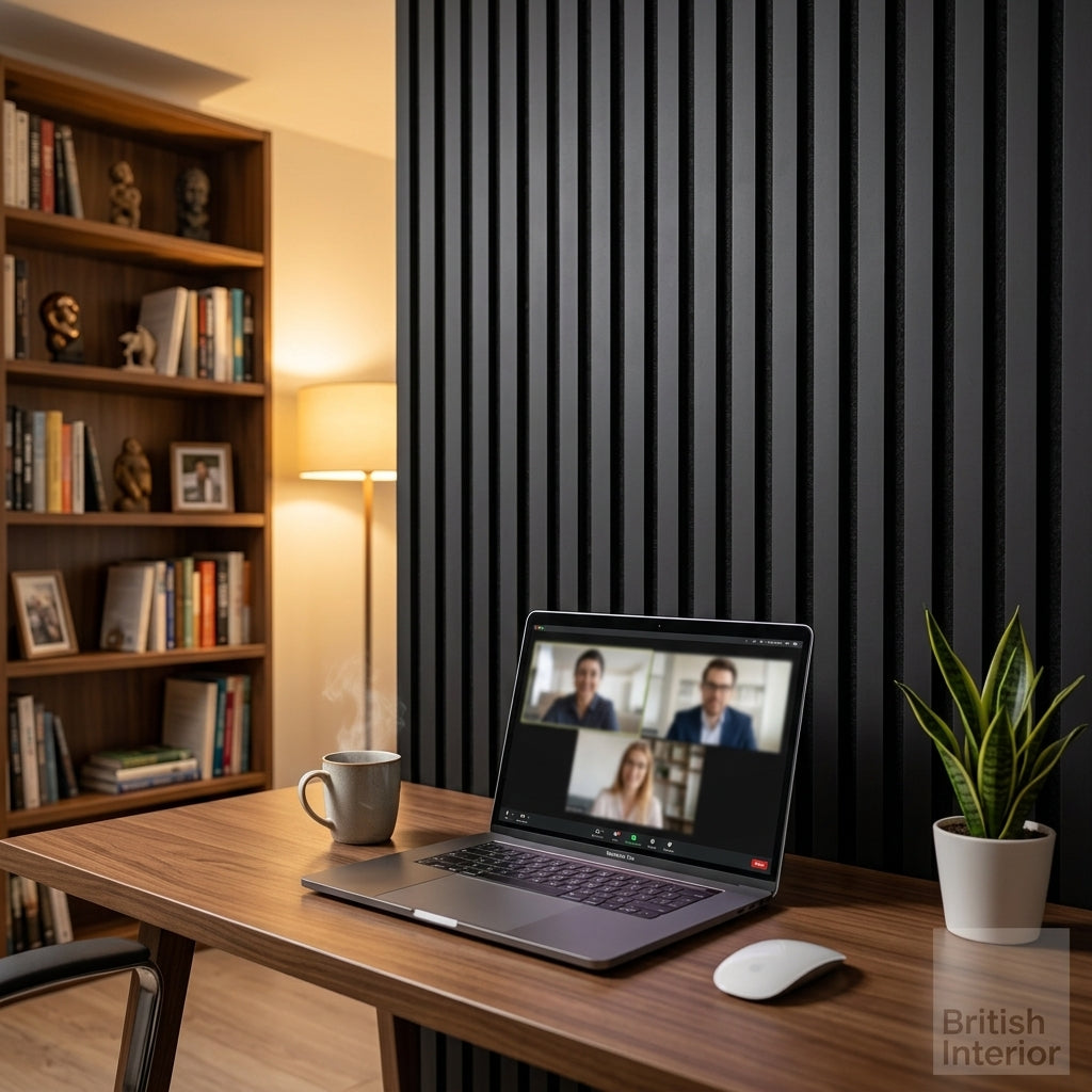 Black acoustic slat wall panels installed in a contemporary office interior