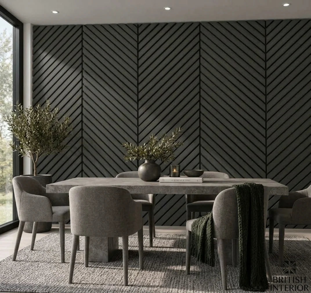 Black acoustic slat wall panel installed on an interior wall