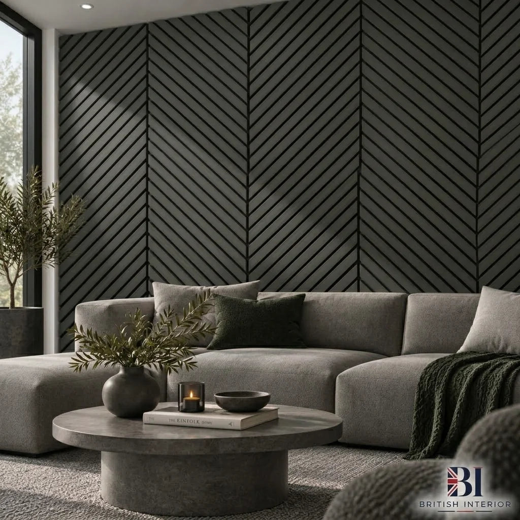 Black acoustic slat wall panel in a living room