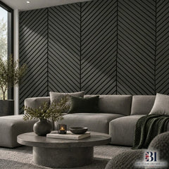 Black acoustic slat wall panel in a living room
