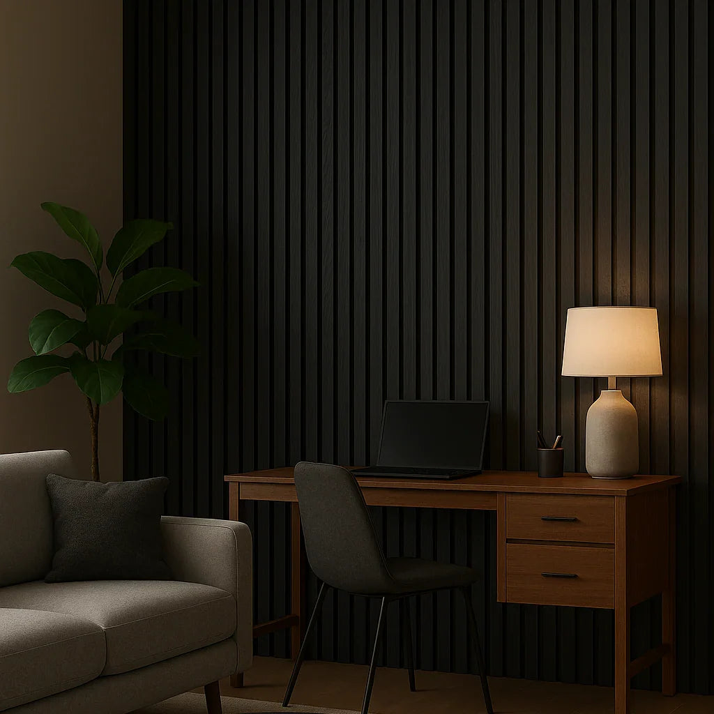 Three-sided black slat finish on acoustic wall panel