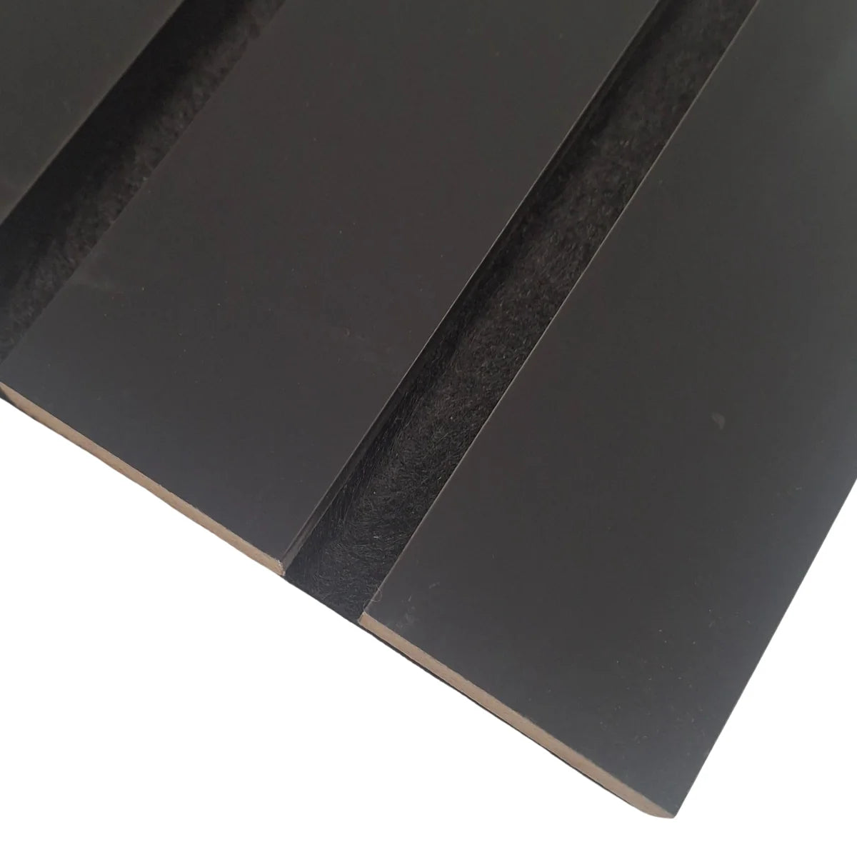 Close-up of black wide slat acoustic wall panel